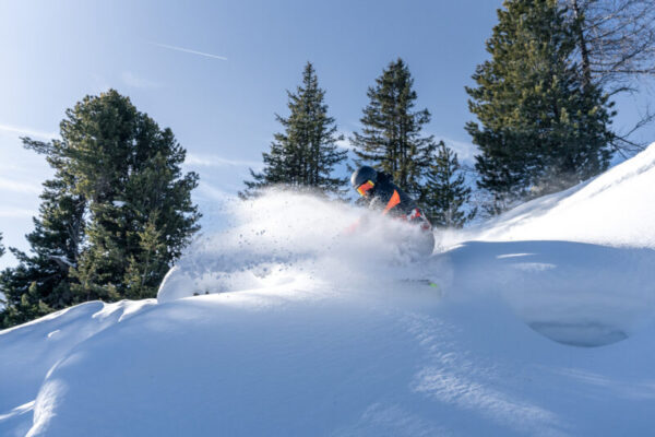 Snowboarder in the Pierres Blanches forest in Montchavin Les Coches